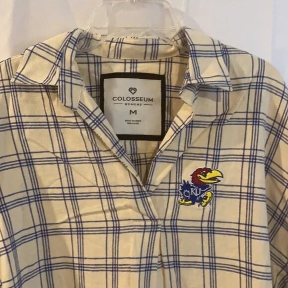 New Oversized KU Kansas Jayhawks University Popover Flannel Shirt Colosseum M - Picture 2 of 6